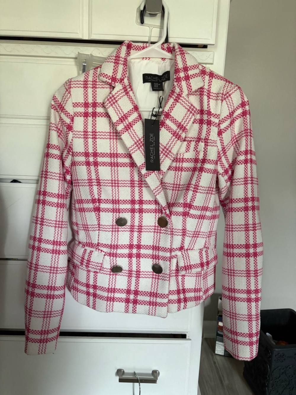 Rachel Zoe Pink and White Plaid Double-Breasted Tweed Blazer